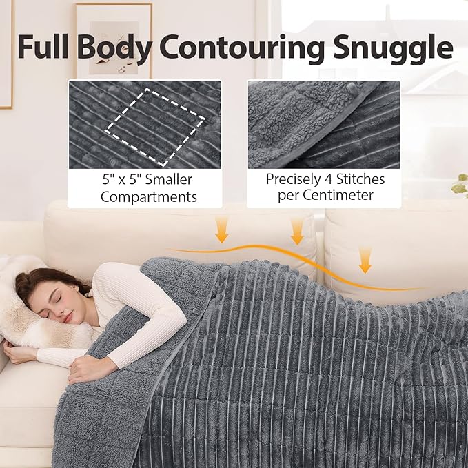 Sherpa Fleece Weighted Blanket for Adults Queen Size 12lbs, Soft Cozy Flannel Heavy Throw Blanket for Relax and Deep Sleep, 3D Ribbed Warm Fleece Weighted Blankets for Couch and Bed, 60" x 80"