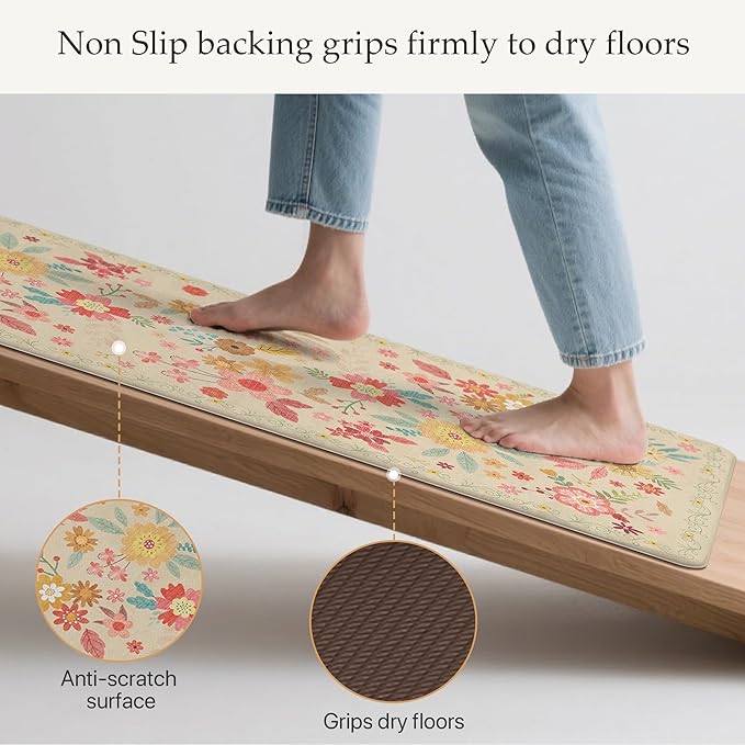 GENIMO Kitchen Mats for Floor 2PCS, Cushioned Kitchen Rugs Non Slip Washable, Farmhouse Anti Fatigue Mat Waterproof, Comfort Standing Mat Rug for Office, Home, Laundry, 17.3"x59"+17.3"x30", Beige