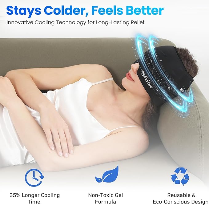 Migraine Relief Cap, Reusable Headache Relief Cap with Hot & Cold Therapy, Soothing Headache Hat, Odorless Gel Ice Head Wrap for Tension, Stress & Sinus, Headache & Puffy Eyes