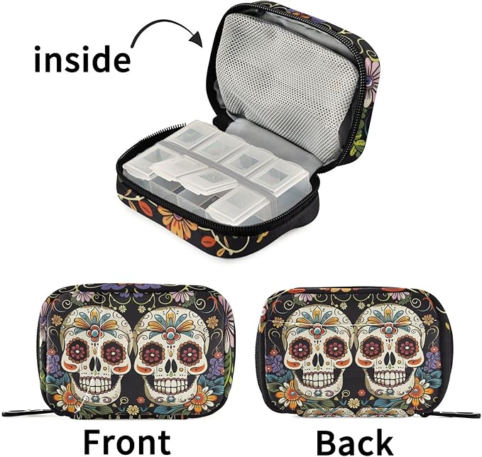 Fustylead Cute Day of The Dead Skulls and Flowers Travel Pill Organizer Bag with Zipper Small Pill Box 7 Day Pill Case for Purse Storage Weekly Vitamin Medicine Supplement