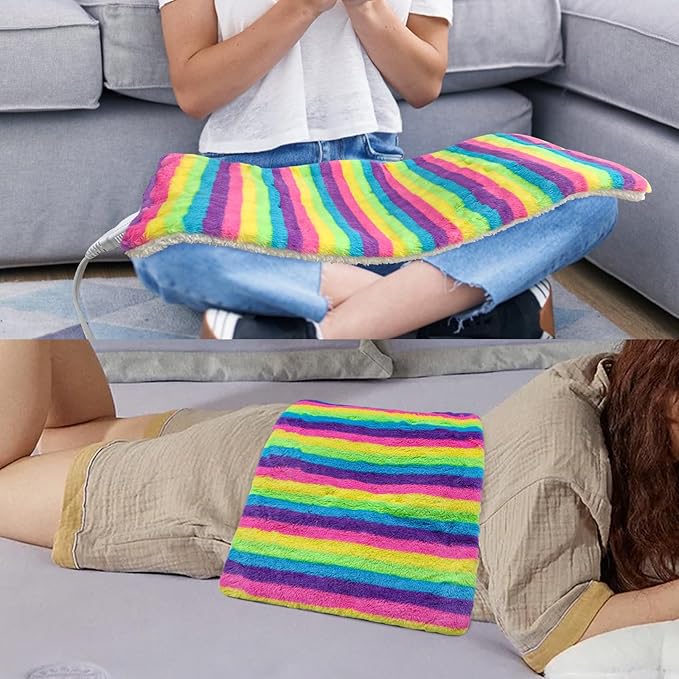 Electric Heating Pad for Back/Waist/Abdomen/Shoulder/Neck Pain and Cramps Relief - 12 Heat Levels, 8 Timers,Cute Plush Heat Pad, Machine Washable-Rainbow-Z(12" x 24")