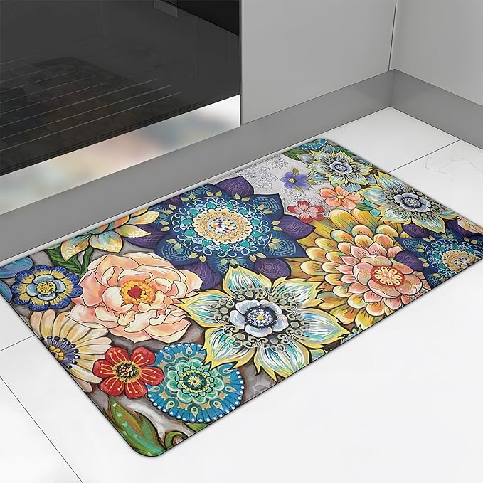 Floral Kitchen Rug Mat for Floor Boho Cushioned Anti-Fatigue Mat Non-Slip Standing Desk Waterproof Comfort Floor Mat for Sink, Office, Laundry, 17.3x39 Inch
