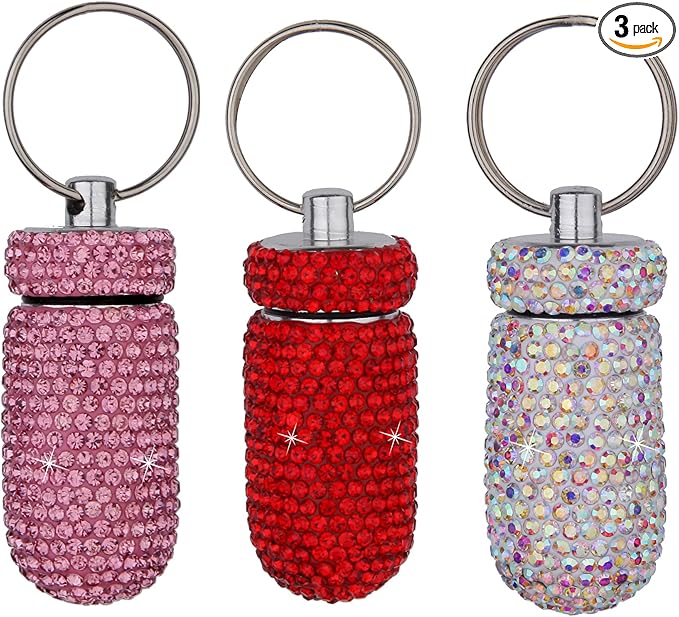3PCS Bling Crystal Rhinestone Portable Pill Case Pill Container Waterproof Pill Holder with Keychain Glitter Travel Pill Box Small Medicine Dispenser Bottle Storage for Outdoor Camping Travel,11