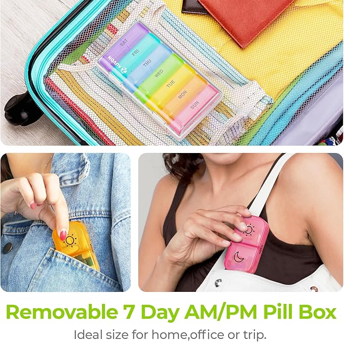 AUVON XL Weekly Pill Organizer 2 Times a Day with Large Opening for Easy Filling, AM PM Pill Box 7 Day in Rainbow Colors, Portable Travel Pill Case for Medication, Vitamins, Fish Oils, Supplements