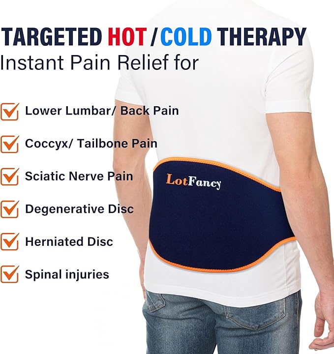LotFancy Ice Pack for Back Pain Relief, 2 Gel Hot Cold Packs with Wrap for Lower Back Waist Hip Lumbar Abdomen Sciatica Tailbone Pain, Reusable Cooling Heating Therapy Compress