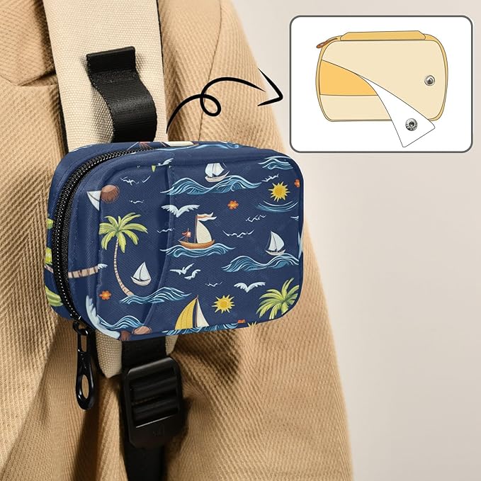 Travel Pill Case Palm Trees Ship Sun and Waves Weekly Small Pill Box 7 Day Pill Box Pill Organizer Bag