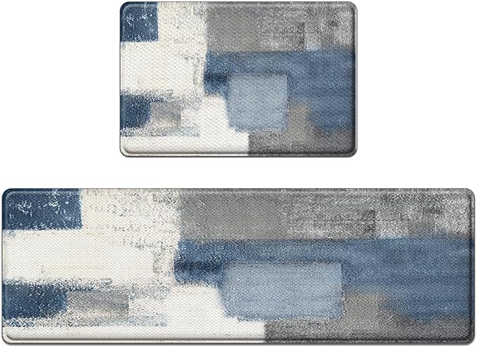 Anti-Fatigue Blue Grey Kitchen Rug Set of 2 Cushioned Abstract Rug for Floor, Art Standing Mat Waterproof Non-Slip Mat PVC Ergonomic Comfort Foam Kitchen Decor
