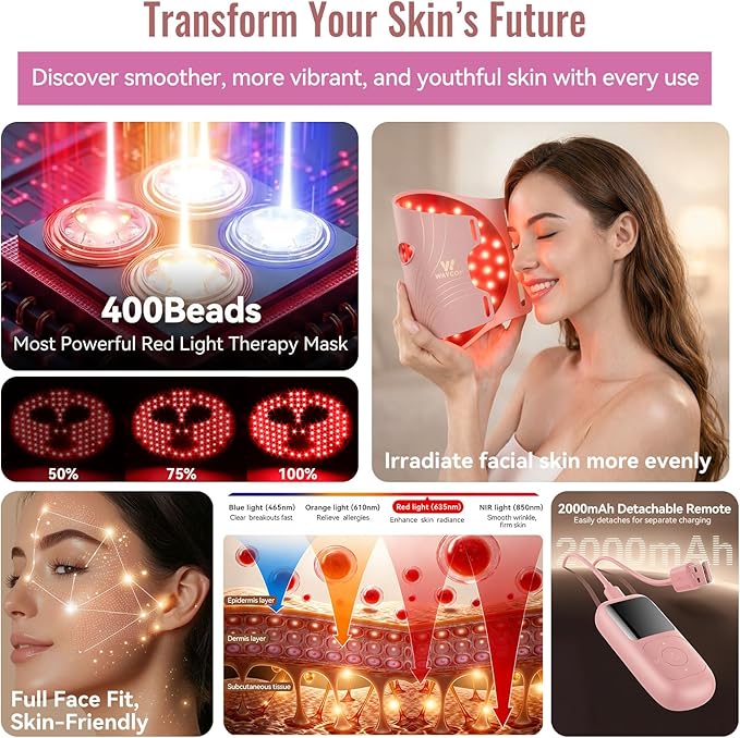 WAYCOM Red Light Therapy for Face: FDA-Cleared 4-Modes Portable LED Light Therapy Mask for Skincare - 400 Beads 850nm Infrared & Red Light Mask at Home with Timing Function Remote & Eye Protection