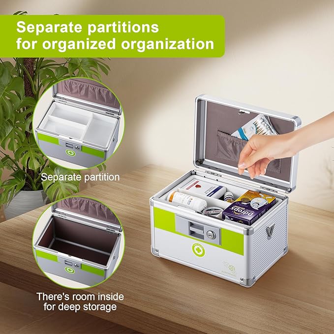 Medicine box with lock 10 x6.7x 6.7 inches [ Small], Medication Lock box ，First Aid Key Safe Box with Lock, Medical Box Organizer