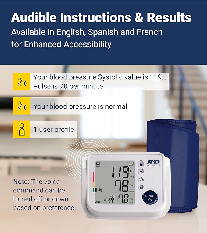 A&D Medical Talking Blood Pressure Machine UA-1030T with Medium Blood Pressure Cuff (23-37 cm / 9.0-14.6” Range) TriCheck Mode & Body Movement Sensor