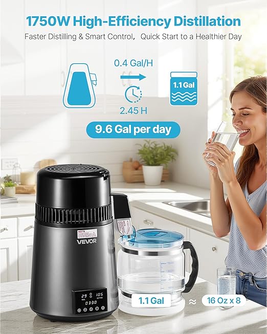 VEVOR 1750W Water Distiller, 0.4Gal/H Distilled Water Maker with Glass Carafe, 4L/1.1Gal Countertop Distiller Machine, 0-99H Time Temp Dual Display, Anti-Dry Design 304 Stainless Steel Still, Grey