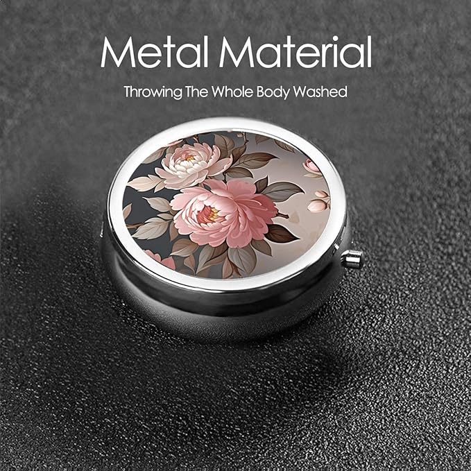 ZhongGuo Beautiful Pink Flower Printed Pill Organizer,Round Travel Pill Organizer Mini Medicine Pill Box for Purse Iron Plating