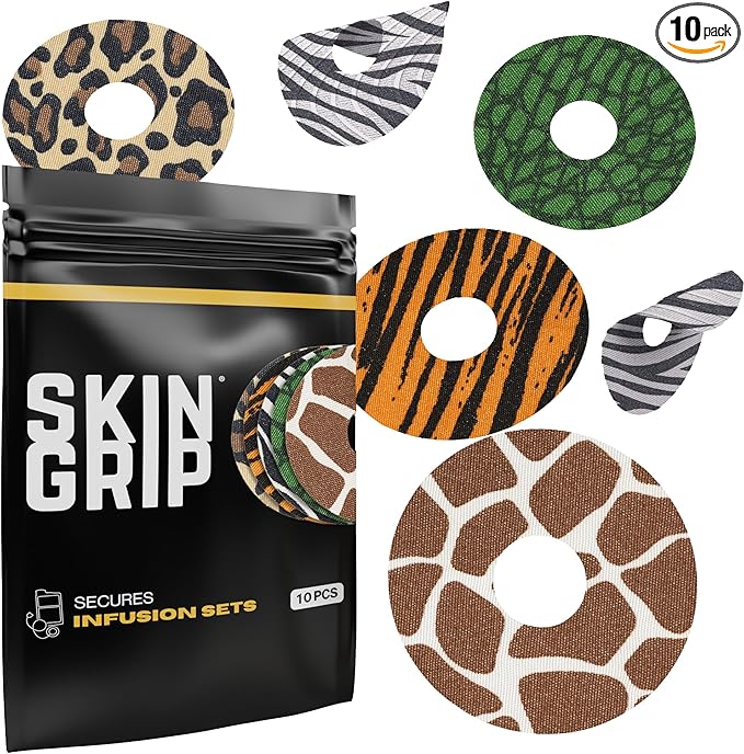 Skin Grip Universal Adhesive Patches for CGM and Insulin Pumps (10-Pack), 0.8-Inch Hole, Waterproof & Sweatproof for 10-14 Days, Pre-Cut Adhesive Tape, Continuous Glucose Monitor Protection, (Animal)