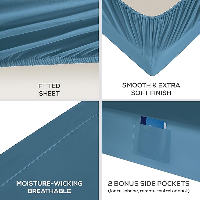 Mueller Luxury 6 PC Full Size Bed Sheets, Super Soft 1800, Deep Pocket up to 16" Full Size Sheets, Transfers Heat, Breathes Better, Hypoallergenic, Wrinkle-Resistant, Oeko-TEX, Denim