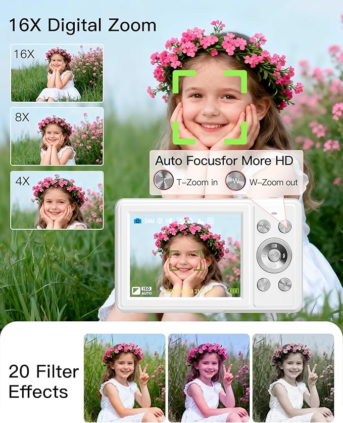 Digital Camera, FHD 1080P Point and Shoot Camera with 32GB SD Card, 2 Batteries, 16X Zoom, Anti Shake, Compact Small Design for Kids Teens Students Girls Boys (White)