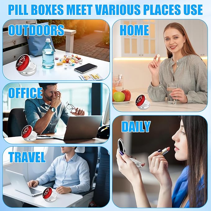 Vintage Rose Pill Case, Flower Pill Box 3 Compartments Metal Small Pill Holder with Mirror Mini Travel Pill Container for Purse Pocket Women Men