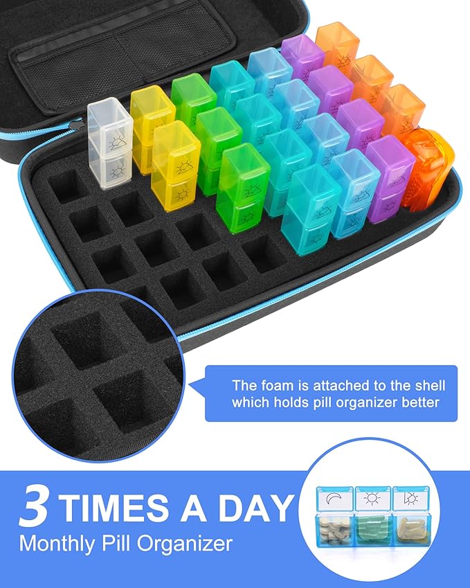 Monthly Pill Organizer 3 Times a Day with Pill Cutter, 30 Days Pill Organizer Monthly, Month Medicine Box Holder Organizer with 31 Daily Compartments, Hard Shell Travel Case & Removed Shoulder Straps