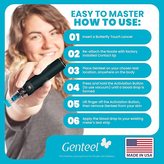 Genteel Plus - Pain Free Vacuum Lancing Device for Diabetes Testing - Blood Sugar, Glucose, Ketone, and DNA Home Tests (Buff Black)