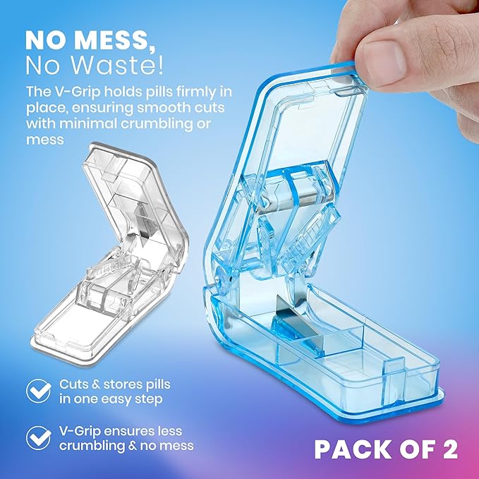 Pill Splitters - (Pack of 2) Pill Cutters with V- Grip for Small and Medication - Easily Cut Pills, Splitter | Cutter and Crusher with Pill Holder Case to Spli