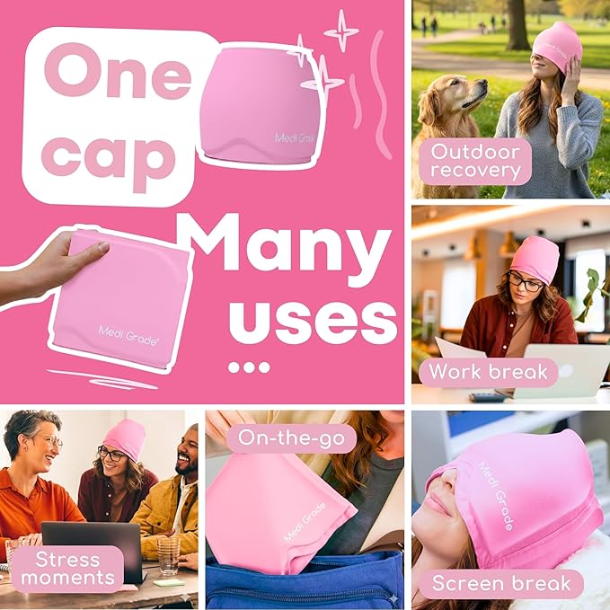 Medi Grade Migraine Relief Cap Pink - Cooling Compression Headache Relief Cap with Full Coverage - Soft Flexible Fabric Gel Migraine Cap that Blocks Light, Reusable Migraine Mask for Cold Therapy