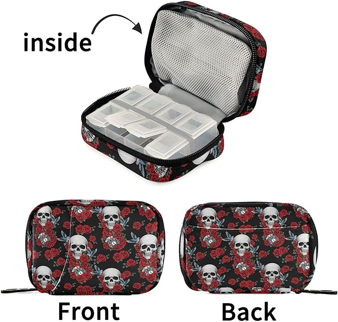 Travel Pill Organizer Bag Weekly Pill Organizer Case Skull Rose Clock Pigeon Portable Small Daily Pill Boxes for Vitamin Fish Oils Supplement Holder with Zipper Compact Size