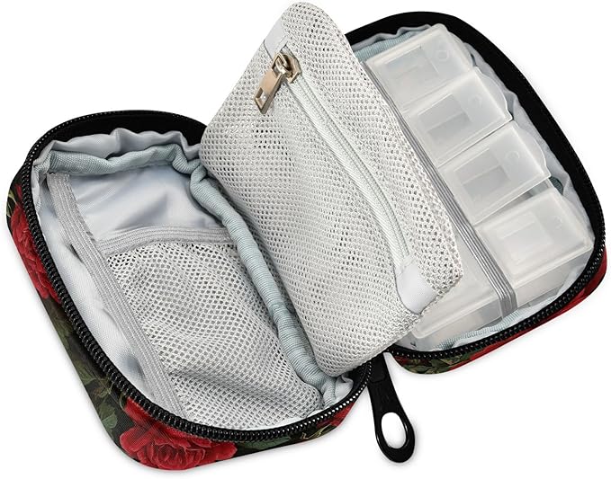 Pfrewn Pill Organizer Case Retro Red Rose Travel Pill Box with Zipper 7 Day Portable Small Weekly Vitamin Medicine Supplement Holder Pouch Bag for Women Men