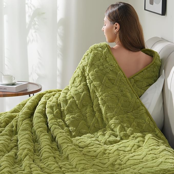 Drewin Weighted Blanket Twin Size 15 lbs, Cozy Jacquard Sherpa Weighted Blankets for Adults for Winter, Comfortable Sofa Bed Blanket for Sleeping Natural and Calming, 48 x 72 inches, Grass Green