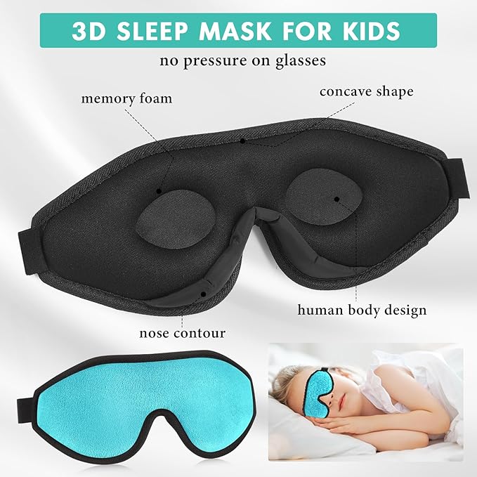 Coume Sleep Mask for Kids 3D Light Block Sleeping Blindfold Memory Foam Contoured Eye Mask with Adjustable Strap Zero Pressure Eye Cover for Boys Girls for Travel Home Office Meditation(Green)