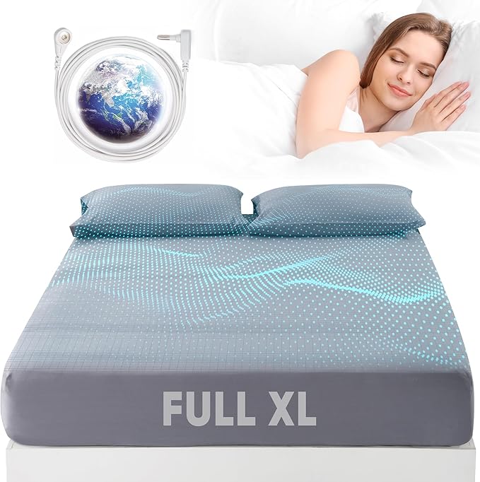 Grounding Sheets FullXL Size, 95% Organic Cotton + 5% Pure Silver Fiber, Grounded Sheet Earth Connected Bedding (FullXL- 54"x 80"x 13" Gray) Fitted Earth Sheets with Grounding Cord