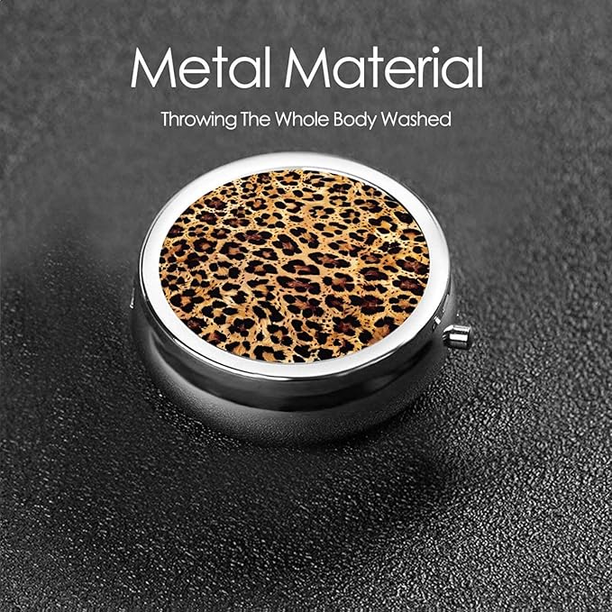 Cheetah Leopard Brown Print Round Metal Pill Box with 3 Compartment for Pocket or Purse Travel Bag Mini Small Size 2 inche