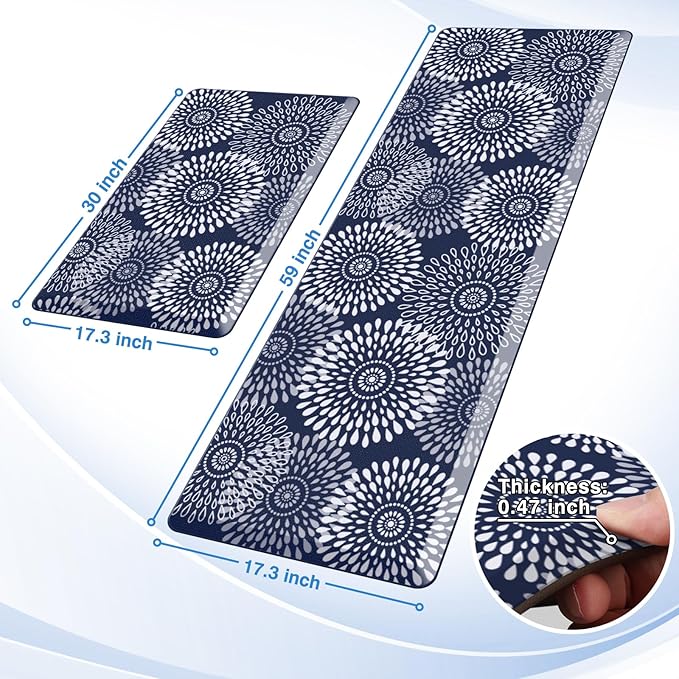 LuxStep Kitchen Mats for Floor,0.47 inch Thicker Cushioned Rug Anti-Fatigue Mats for Kitchen Decor Accessories,Waterproof Non-Slip Mats and Rugs Set for Office,Laundry 17.3"×29"+17.3"×60",Blue
