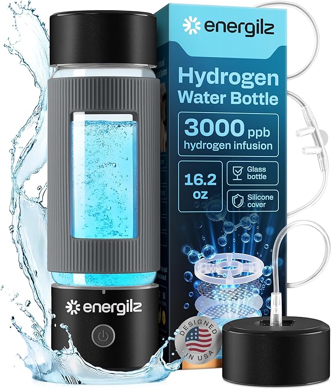Hydrogen Water Bottle | Large 16.2 oz (480 ml) Hydrogen Water Bottle Generator 3000ppb | Hydrogenator Machine | SPE/PEM Hydrogenated Ionizer Generator (Black w/Gray)