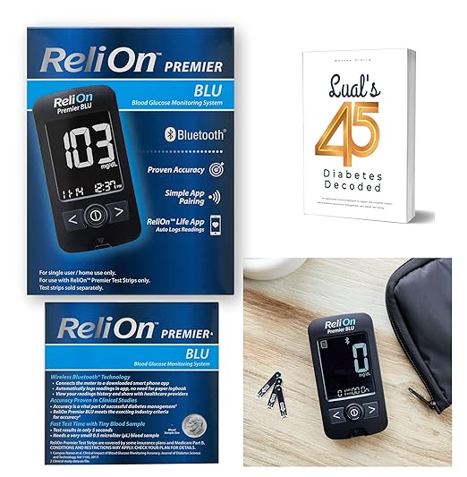 Premier BLU Glucose Monitor Kit with Bluetooth. Complete Diabetes Care Bundle with Test Strips, Lancets & Lancing Device & Lual's 45 Diabetes Decoded