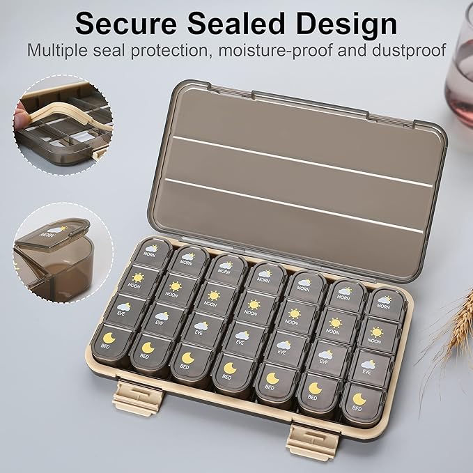 Pill Organizer 4X A Day, Pill Box 7 Day, Acedada Weekly (4 Times A Day) Travel Medicine Organizer Box, Large Pill Container Case Vitamins Holder Pill Dispenser, Brown