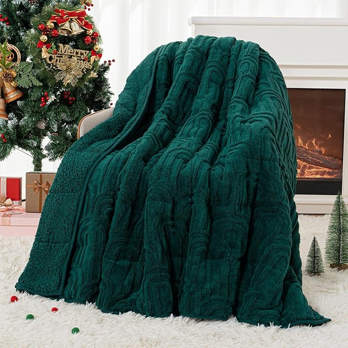 Cottonblue Jacquard Weighted Blanket for Adults 20 lbs Queen Size, Cozy Fluffy Sherpa Fleece Weighted Throw Blankets 60" x 80" for Sleep Relax, Fuzzy Warm Arch Heavy Blanket Soft for Bed Couch, Green