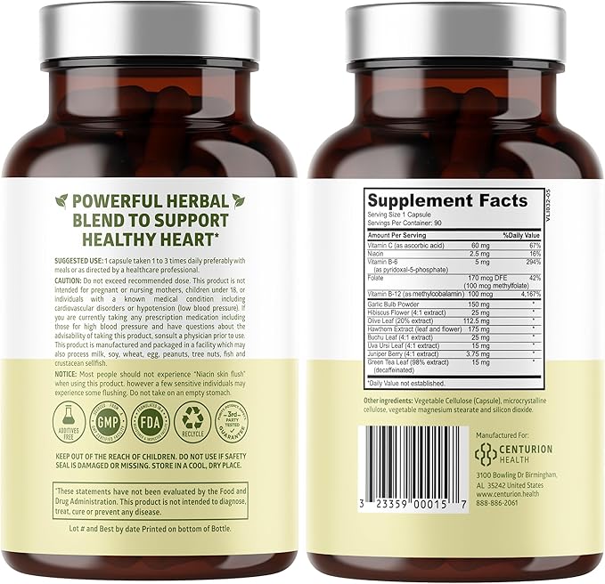 N1N Premium Blood Pressure Support with Hawthorn and Hibiscus [13 Potent Ingredients], Natural Supplement to Support Blood Flow Health, 90 Caps