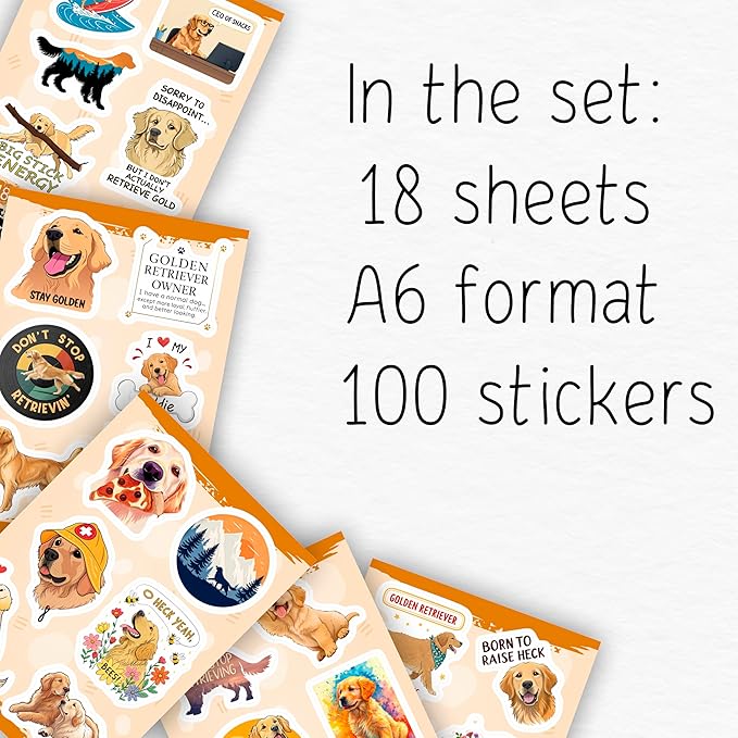 100Pcs Golden Retriever Stickers for Water Bottle, Laptop - Golden Retriever Gifts, Party Supplies & Decorations - Dog Stickers and Decals - Gift for Women & Men