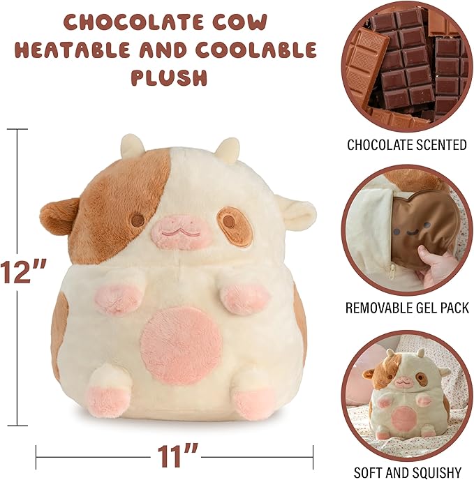 Heatable Scented Cow Plush for Period Cramp Relief & Emotional Support, Microwavable Soft Toy Plushies, Coolable Stuffed Animal for Anxiety, Cute Heating Pad for Pain Relief (Chocolate)