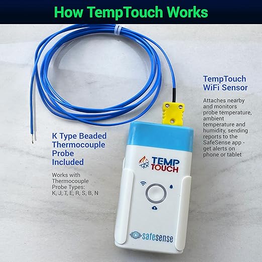 TempTouch WiFi Thermocouple Sensor – Wireless Ambient & Probe Temperature & Humidity Monitor – Works with K, J, T, E, R, S, B, N Probes - App, Email and Text Alerts, Unlimited Data Logging