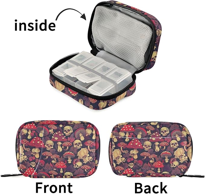 Fustylead Red Amanita Mushrooms Fall Leaves and Skulls Travel Pill Organizer Case Zipper for Purse with Removable Weekly Pill Box for Medicine, Vitamin, Supplement Medicine Organizer