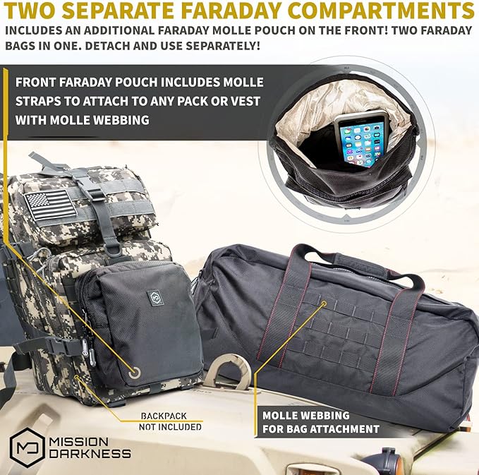 Mission Darkness X2 Faraday Duffel Bag + Detachable MOLLE Faraday Pouch (Gen 2) // Military-Grade RF Shielding for Large Electronics & Mobile Devices // Digital Forensics Signal Isolation Data Privacy