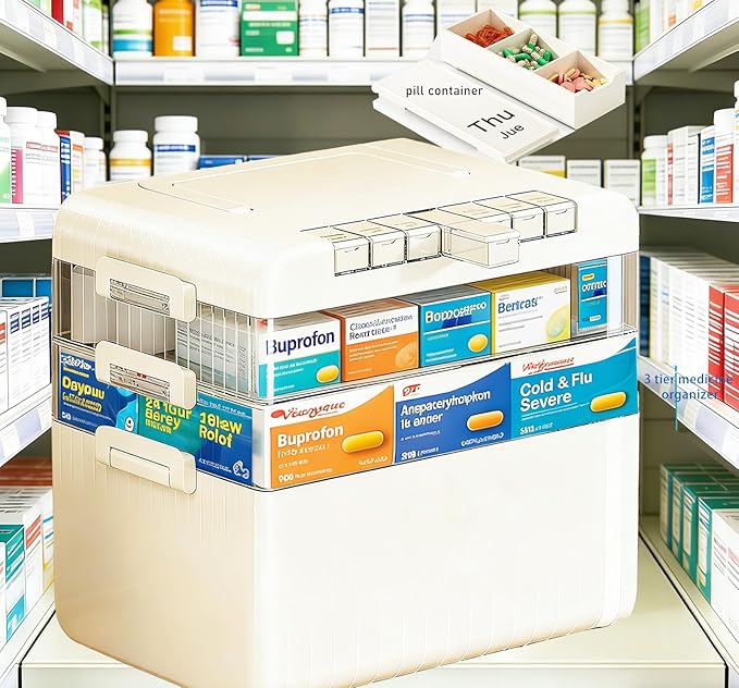 Large Medicine Cabinet Pill Organizer 3 Tier First Aid Storage with Foldable Handle for Household Essentials Emergency Use