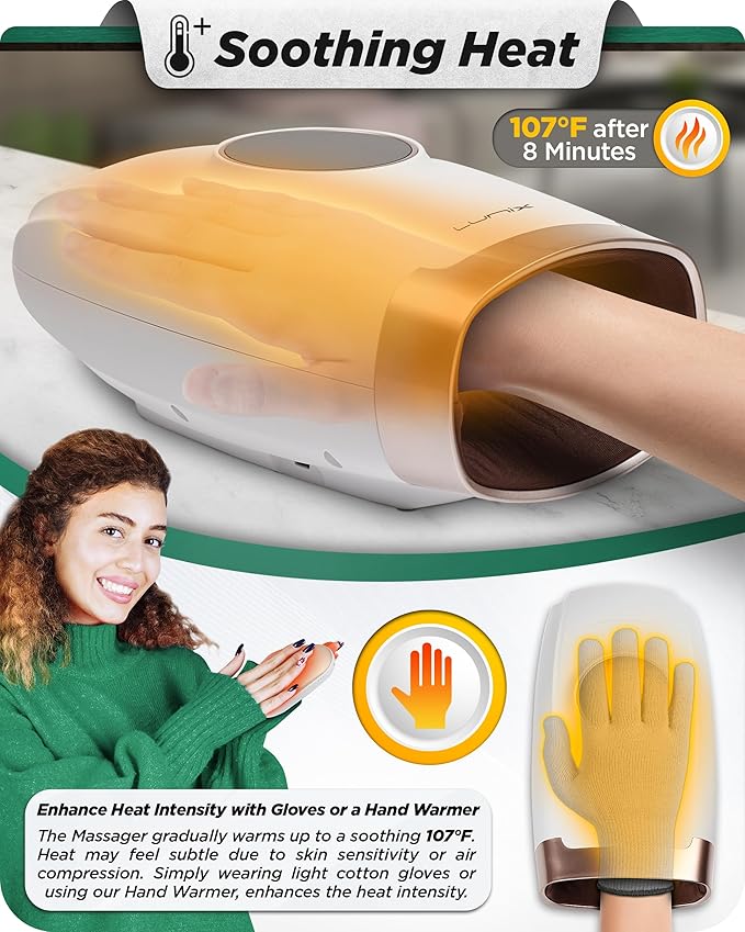 Lunix LX7 FSA Carpal Tunnel & Wrist Pain Relief Device, Heated Air Compression Hand Massager for Arthritis, Mothers Day Gifts for Women & Mom, Touchscreen, Lunar White