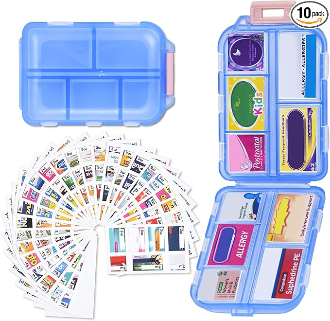 Large Travel Pill Organizer with 189 Stickers, 10 Compartments Travel Medicine Organizer Travel Pill Box Pill Case for Purse Airplane Car Nurse Vacation Essentials (Blue, 1 Pack)