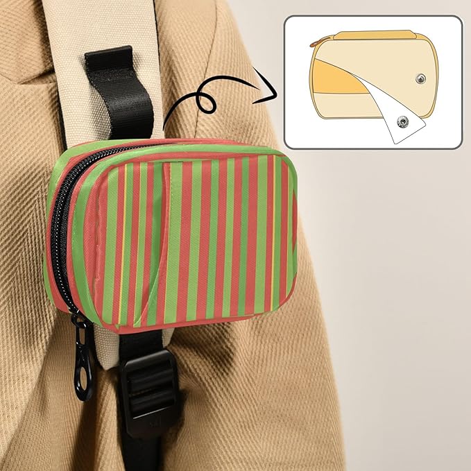 Green Red Stripe Travel Pill Case Bag with Compartments Twill Fabric Organizer with Plastic Inner Box for Medication Vitamins & Supplements
