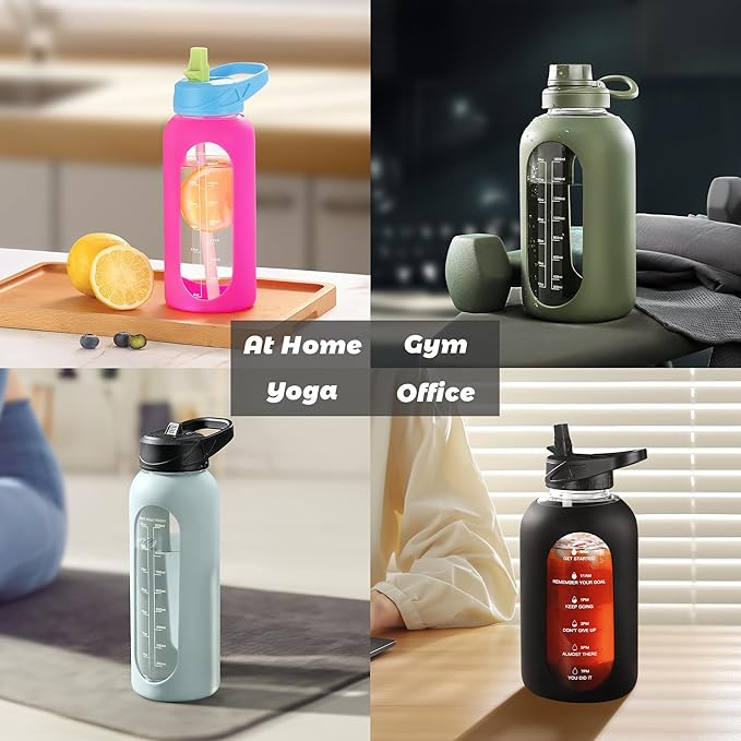 CIVAGO 64 oz Glass Water Bottle Jug with Straw and Handle, Half Gallon Sports Motivational Water Bottle with Time Marker, Wide Mouth Flask Canteen with Silicone Sleeve for Gym, Black