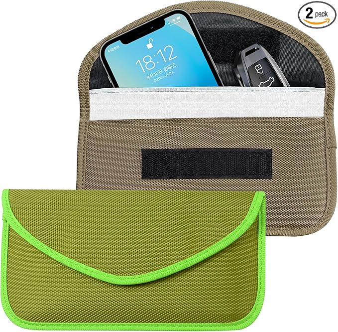 2PCS Faraday Bags for Car Key and Cell Phone, Signal Blocking Bag, Faraday Key Fob Protector, Universal Cell Phone Privacy Card Protection Car Accessories for Anti-Thefting (Khaki+Green)