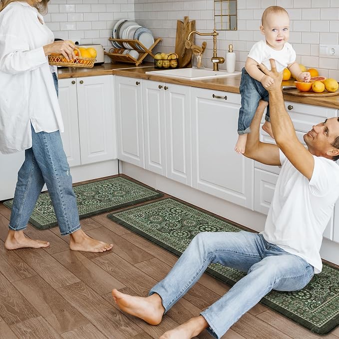 KIMODE Anti Fatigue Kitchen Mats for Floor 2 Piece Cushioned Boho Kitchen Rugs Memory Foam Kitchen Floor Mats Standing Desk Mats for Laundry Office Sink Green 17"x47"+17"x29"