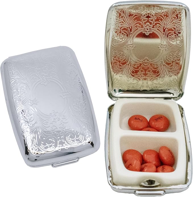 Set of 2 Etched Rectangular Pocket Purse Pill Box & Organizer with Dual Compartments (Victorian)