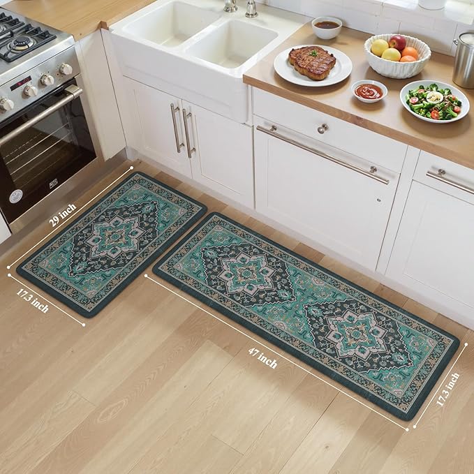 Kitchen Mats 2PCS,Cushioned Anti Fatigue Kitchen Mats for Floor,Farmhouse Green Kitchen Rugs Non Slip,Memory Foam Comfort Standing Mat Carpet for Sink Laundry Office